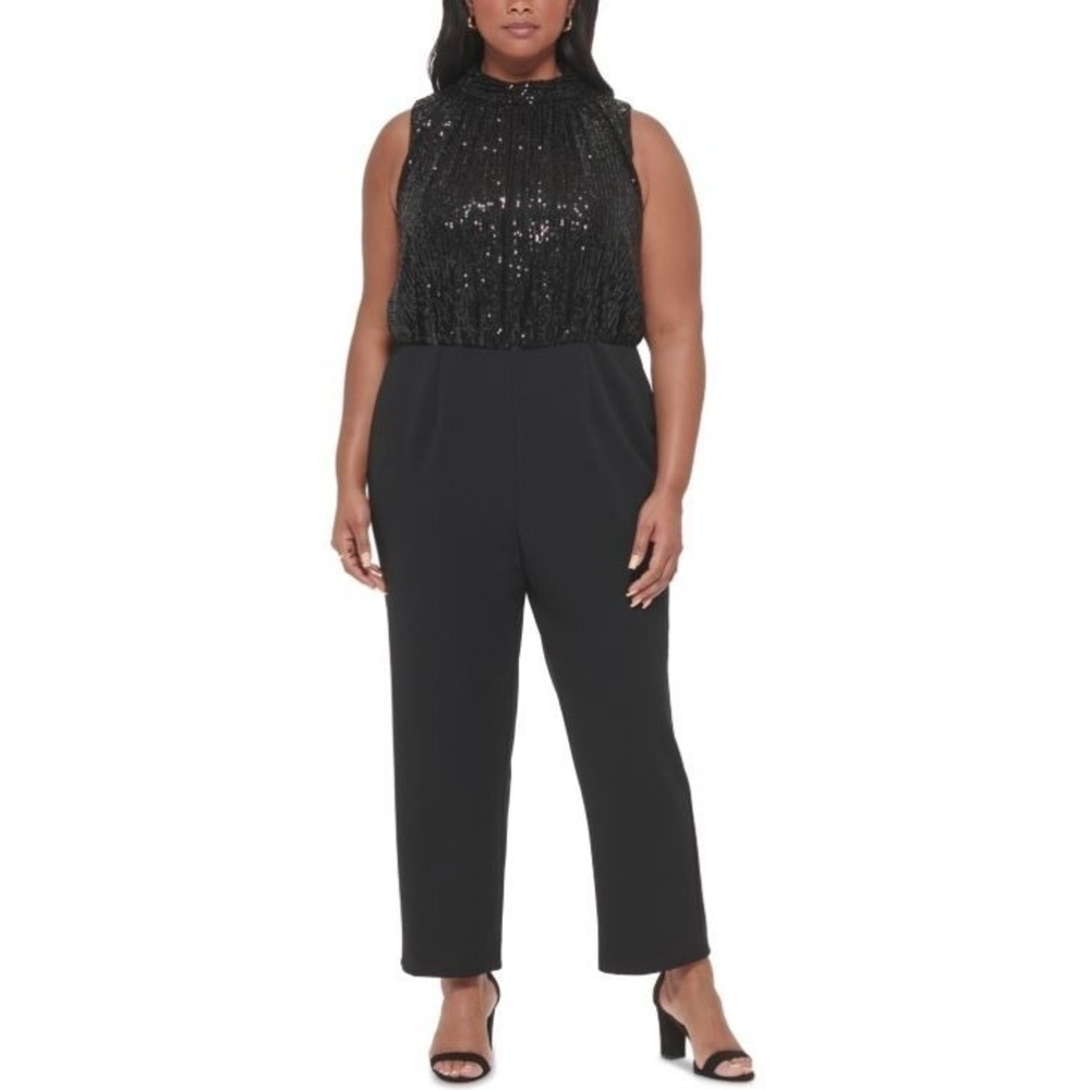 Eliza J Women's Plus Size Sequin Bodice Mock Neck Sleeveless Jumpsuit Black‎ 20W